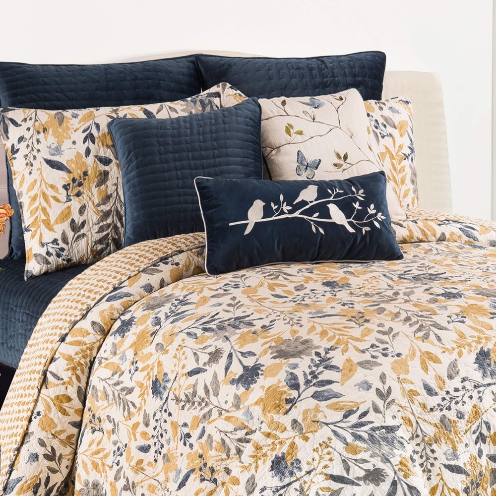 C&F Home Natural Home Twin Cotton Quilt Set All-Season Oversized Reversible Yellow Gold Floral Leaves Bedspread Bedding 2 Piece with Sham Twin 2 Piece Set Grey