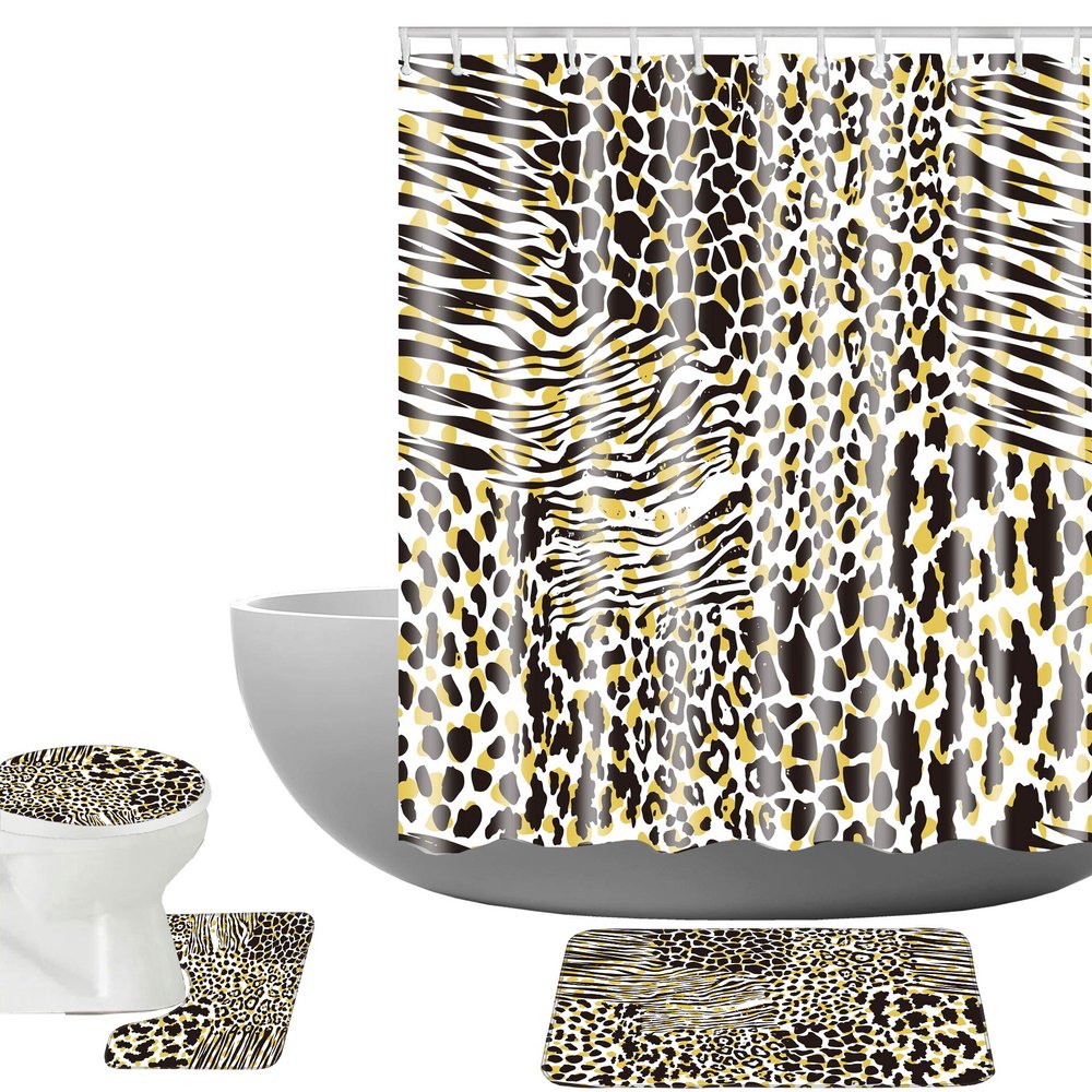 Amagical Animal Leopard Tiger Giraffe Pattern 16 Piece Bathroom Mat Set Shower Curtain Set Non Slip Bath Mat Contour Mat Toilet Cover Waterproof Shower Curtain with 12 Hooks