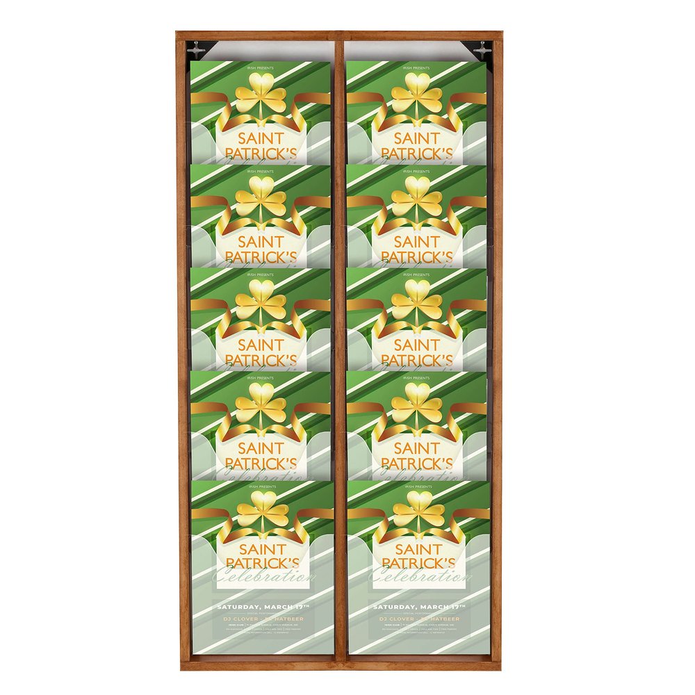 M&T Displays Wal Mount Dark Wood Magazine Brochure Rack Wooden Leaflet Literature Catalog Holder Easy Assembly Durable Clear PET G Pocket 10x(8.5x11) Inch for School Office Hospital Hotel Indoor