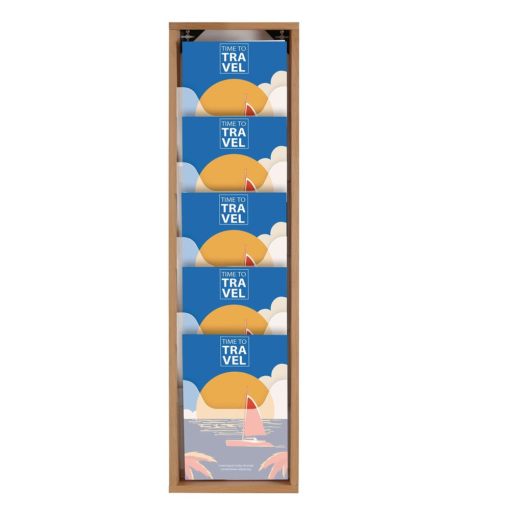 M&T Displays Wall Mount Natural Wood Magazine Brochure Rack Wooden Leaflet Literature Catalog Holder Easy Assembly Durable Clear PET G Pocket 5x(8.5x11) Inch for School Office Hospital Hotel Indoor