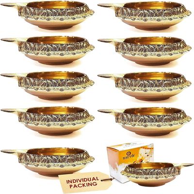 Satvik 50 pc Handmade Golden Engraved Kuber Diya Made of Virgin Brass. Diwali Diya Vilakku for Puja Pooja. Traditional Indian Oil Lamp Deepawali Decoration Gift Items