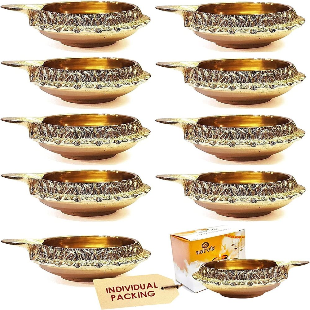 Satvik 50 pc Handmade Golden Engraved Kuber Diya Made of Virgin Brass. Diwali Diya Vilakku for Puja Pooja. Traditional Indian Oil Lamp Deepawali Decoration Gift Items