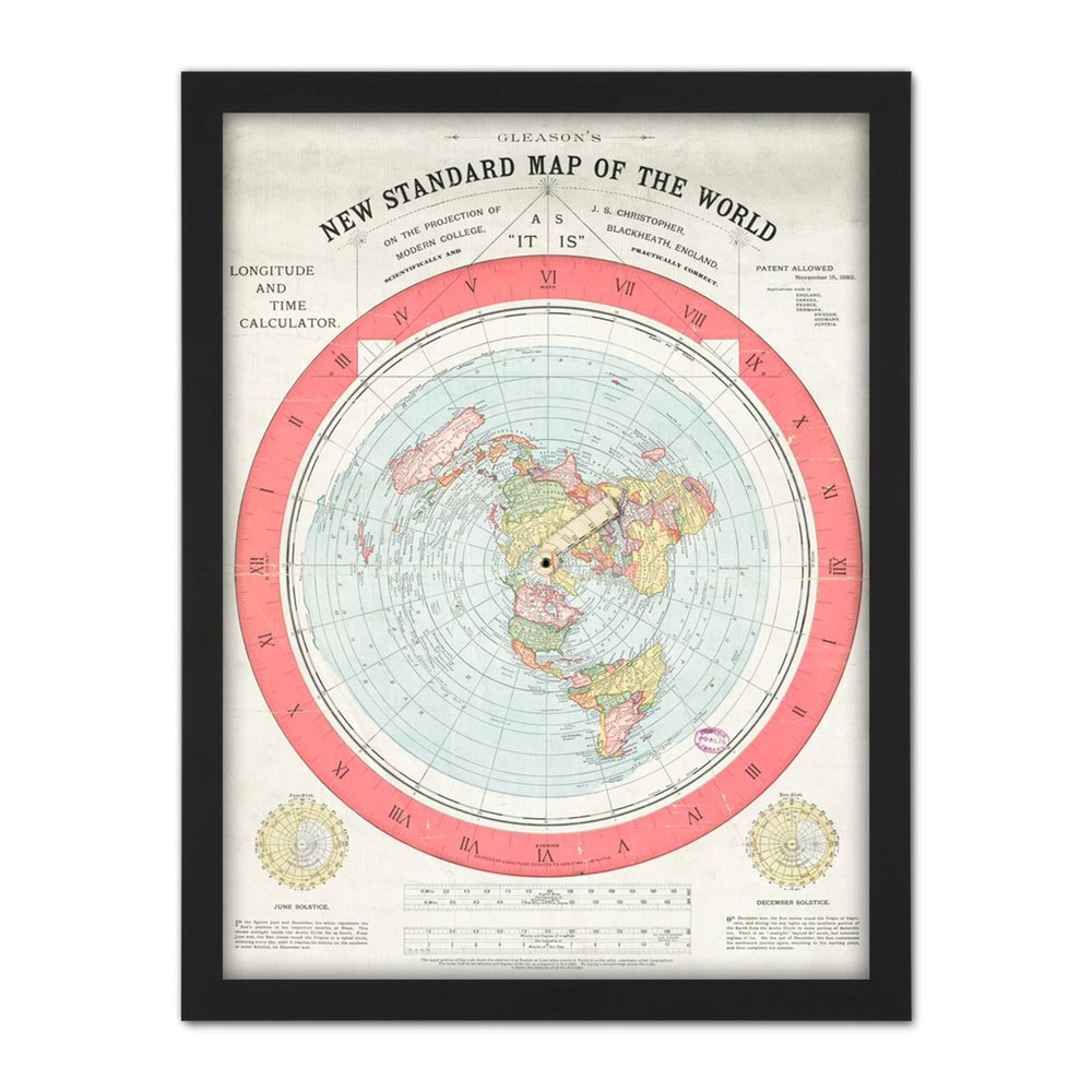 Artery8 Map Gleason 1892 World Time Calculator Flat Earth Artwork Framed Wall Art Print 18X24 Inch