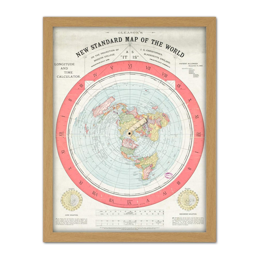 Artery8 Map Gleason 1892 World Time Calculator Flat Earth Artwork Framed Wall Art Print 18X24 Inch