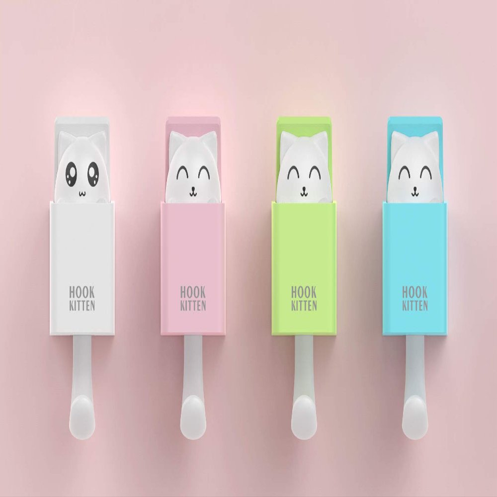 Gautsa Cute Peek-A-Boo Hooks, Self Adhesive, Pop up Cat Bear Animal Decorative for Kids Boys Girls, for Key Coat Robe Towel, 4 Pack (Cats)