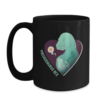 BeeTeeStore Preggosaurus Rex Coffee Mug - Expecting Mommy Pregnancy Announcement Gift - 11oz Black Ceramic Tea Cup for Mothers Day, Future Moms, and Dinosaur Lovers