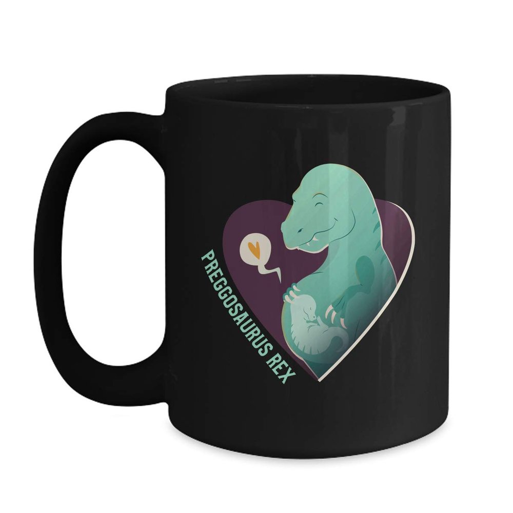 BeeTeeStore Preggosaurus Rex Coffee Mug - Expecting Mommy Pregnancy Announcement Gift - 11oz Black Ceramic Tea Cup for Mothers Day, Future Moms, and Dinosaur Lovers