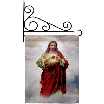 Sacred Heart of Jesus Garden Flag Set Wall Holder Religious Faith Hope Grace Peace Dove Christian Religion Easter Small Decorative Gift Yard House Banner Made In USA 13 X 18.5
