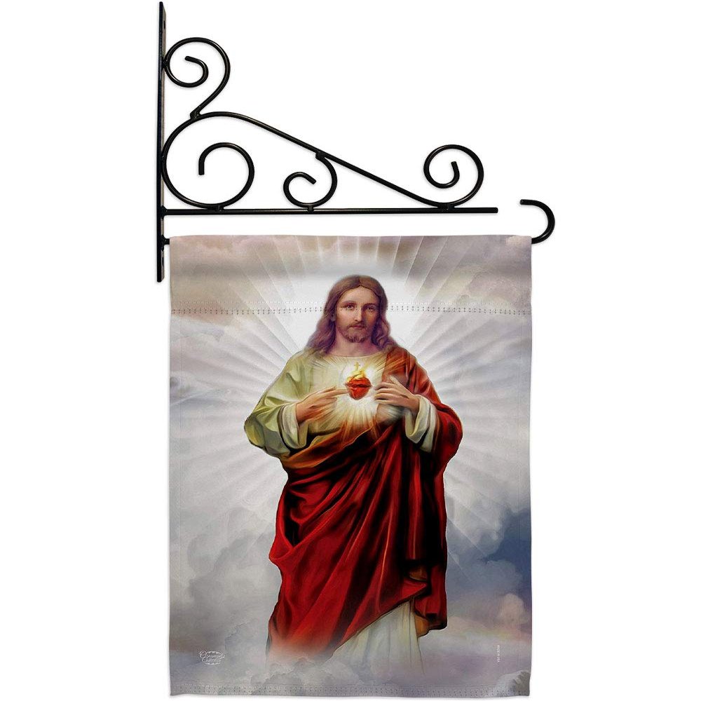 Sacred Heart of Jesus Garden Flag Set Wall Holder Religious Faith Hope Grace Peace Dove Christian Religion Easter Small Decorative Gift Yard House Banner Made In USA 13 X 18.5