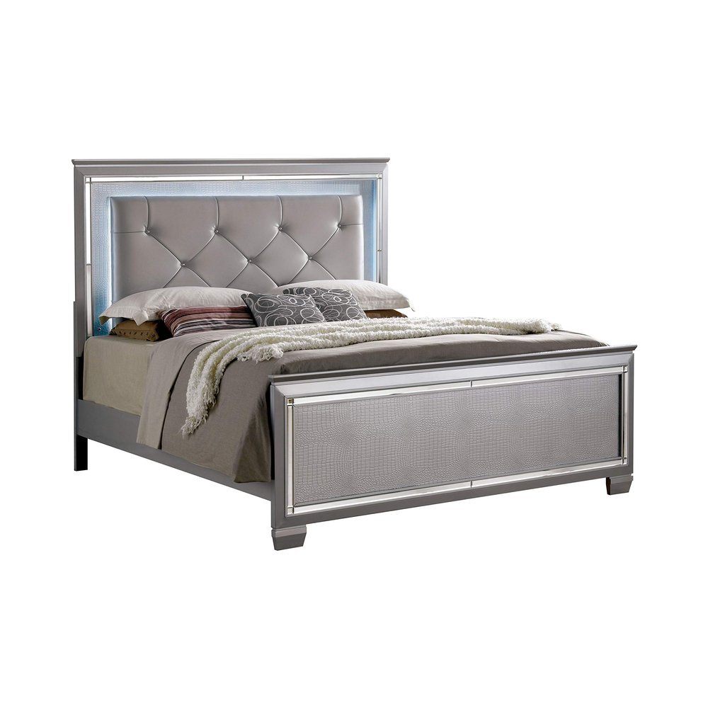 24/7 Shop at Home Riah Contemporary Tufted Headboard King Bed, Box Spring Required, Silver