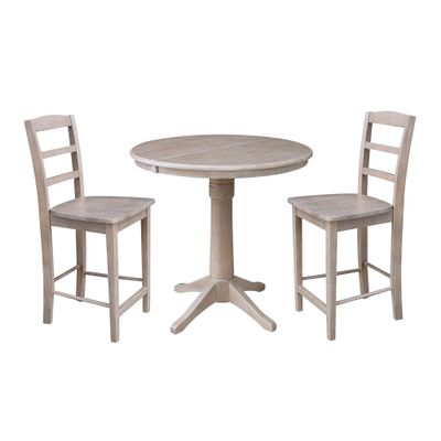 International Concepts 36" Round Extension Dining Table 34.9"H With 2 Madrid Counter height Stools, Washed Gray Taupe