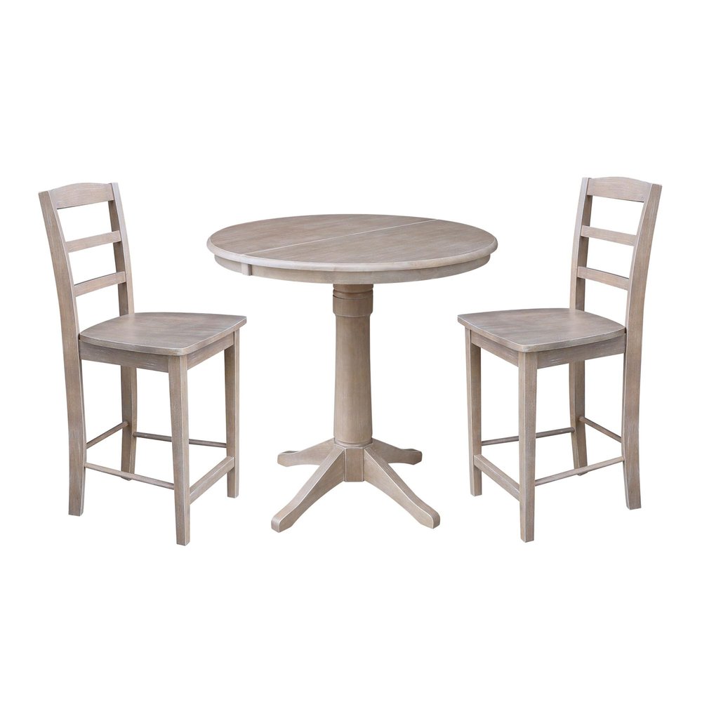 International Concepts 36" Round Extension Dining Table 34.9"H With 2 Madrid Counter height Stools, Washed Gray Taupe