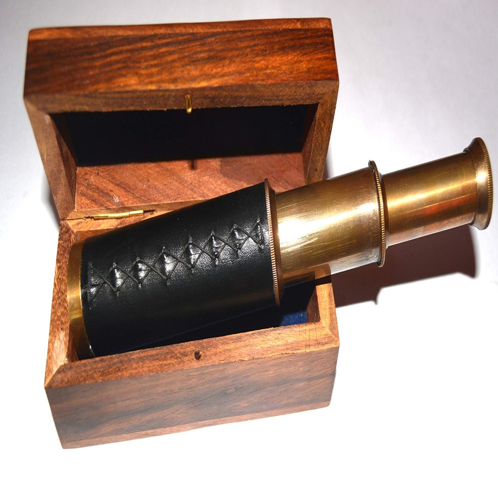 9'' Handheld Brass Antique Telescope with Wooden Box - Pirate Navigation