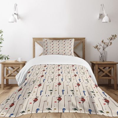 Ambesonne Golf Bedspread, Club and Ball Sport Theme Equipment Stroke Play Golfer Activity Leisure Hobby Design, Decorative Quilted 2 Piece Coverlet Set with Pillow Sham, Twin Size, Eggshell