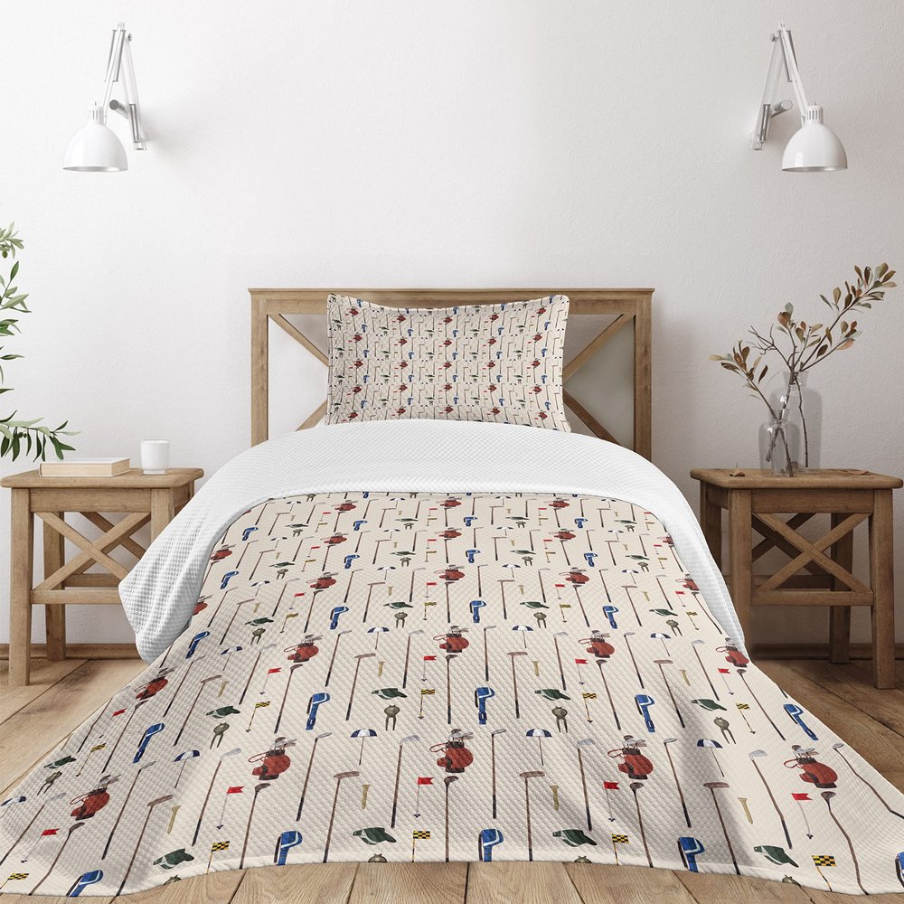 Ambesonne Golf Bedspread, Club and Ball Sport Theme Equipment Stroke Play Golfer Activity Leisure Hobby Design, Decorative Quilted 2 Piece Coverlet Set with Pillow Sham, Twin Size, Eggshell