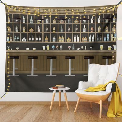 Ambesonne Irish Pub Tapestry King Size, Cartoon Illustration of Bar Restaurant with Stools Bottles and Cocktails, Wall Hanging Bedspread Bed Cover Wall Decor, 104" X 88", Brown Black