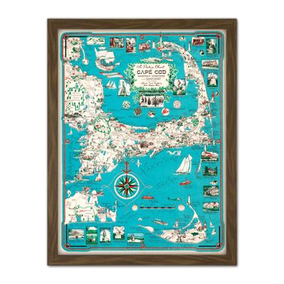 Artery8 Map Chase 1949 Cape Cod Nantucket Massachusetts Pictorial Artwork Framed Wall Art Print 18X24 Inch