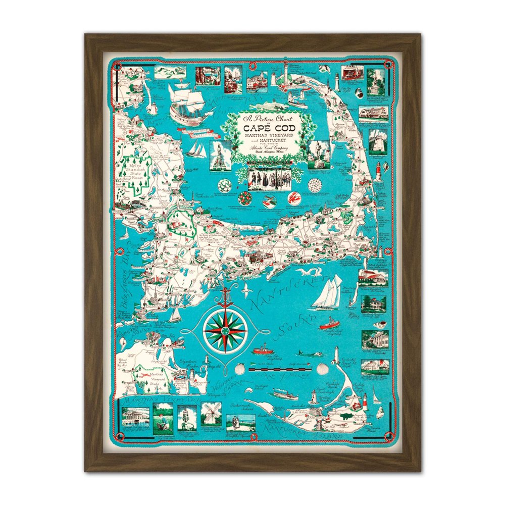 Artery8 Map Chase 1949 Cape Cod Nantucket Massachusetts Pictorial Artwork Framed Wall Art Print 18X24 Inch