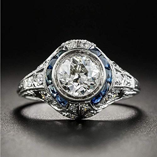 Bansriracha 925 Silver Sapphire Gemstone Round White Zircon Wedding Engagement Rings for Women Fine Jewelry Ring Gifts (Gem Color: Blue, 7)