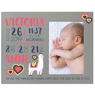 LifeSong Milestones Personalized Baby Birth Arrival Announcement - Newborn Stats Alpaca Nursery Picture Frame Decor for Boys and Girls 8 x 10 Frame Holds 4 x 6 Photo (Grey)