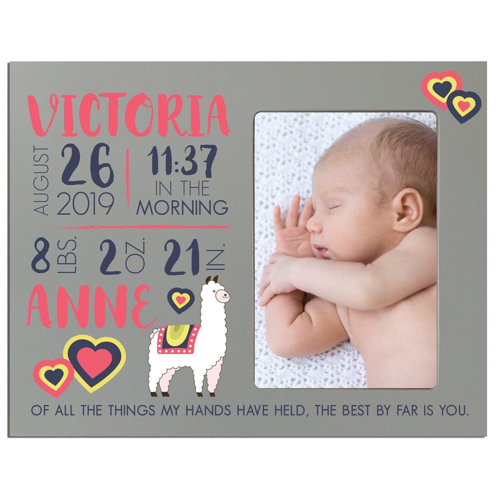 LifeSong Milestones Personalized Baby Birth Arrival Announcement - Newborn Stats Alpaca Nursery Picture Frame Decor for Boys and Girls 8 x 10 Frame Holds 4 x 6 Photo (Grey)