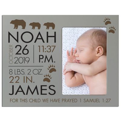 LifeSong Milestones Personalized Baby Birth Arrival Announcement - Newborn Stats Bear Nursery Picture Frame Decor for Boys and Girls 8 x 10 Frame Holds 4 x 6 Photo (Grey)