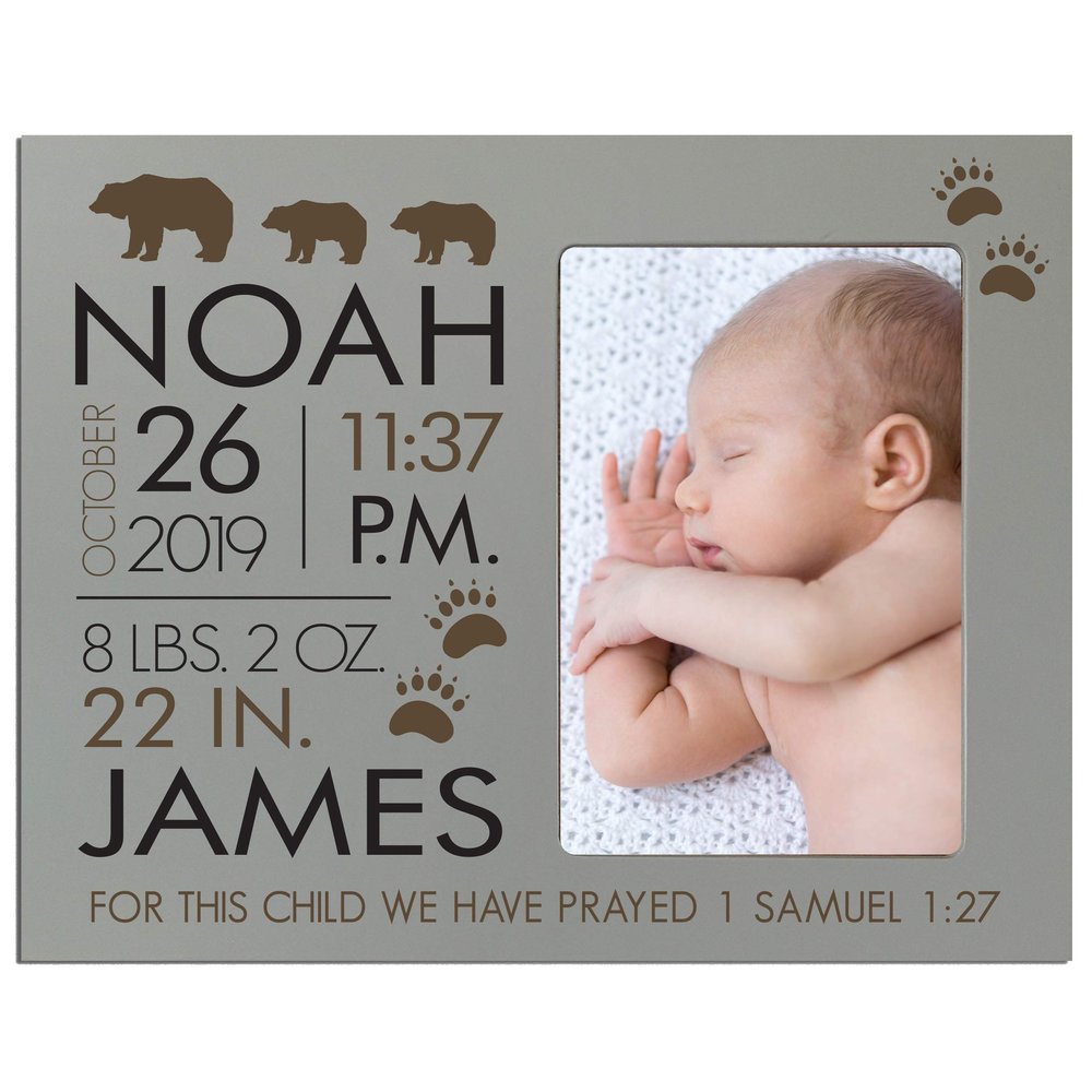 LifeSong Milestones Personalized Baby Birth Arrival Announcement - Newborn Stats Bear Nursery Picture Frame Decor for Boys and Girls 8 x 10 Frame Holds 4 x 6 Photo (Grey)