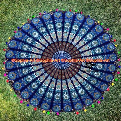 Sophia-Art Sheet Hippie Roundie Beach Indian Towel Gold Gypsy Decorative Tablecloth Beach Round Throw Cotton Beautiful Tapestry Mandala Floor with Colorful Pom-Pom Tassels (Pattern002, 48 Inches)