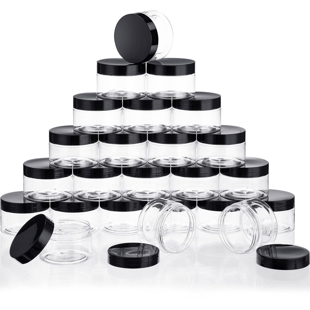 24 Pieces Empty Clear Plastic Jars with Lids Round Storage Containers Wide-Mouth for Beauty Product Cosmetic Cream Lotion Liquid Butter Craft and Food (Black Lid, 8 oz)