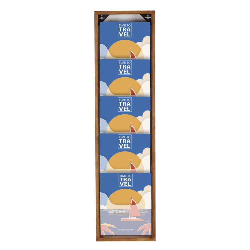 M&T Displays Wal Mount Dark Wood Magazine Brochure Rack Wooden Leaflet Literature Catalog Holder Easy Assembly Durable Clear PET G Pocket 5x(8.5x11) Inch for School Office Hospital Hotel Indoor