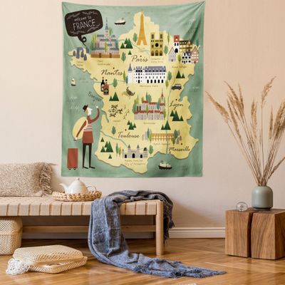 Ambesonne France Tapestry Twin Size, Travelling Themed French Map with Famous Landmarks in Doodle Style Print, Wall Hanging Bedspread Bed Cover Wall Decor, 68" X 88", Teal Pale Yellow