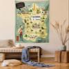 Ambesonne France Tapestry Twin Size, Travelling Themed French Map with Famous Landmarks in Doodle Style Print, Wall Hanging Bedspread Bed Cover Wall Decor, 68" X 88", Teal Pale Yellow view 1