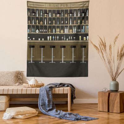 Ambesonne Irish Pub Tapestry Queen Size, Cartoon Illustration of Bar Restaurant with Stools Bottles and Cocktails, Wall Hanging Bedspread Bed Cover Wall Decor, 88" X 88", Brown Black