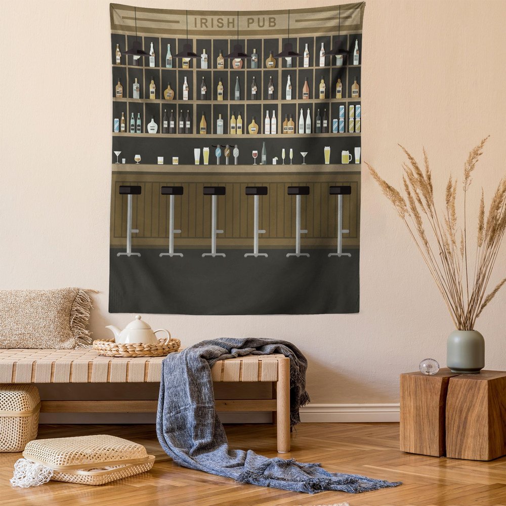 Ambesonne Irish Pub Tapestry Queen Size, Cartoon Illustration of Bar Restaurant with Stools Bottles and Cocktails, Wall Hanging Bedspread Bed Cover Wall Decor, 88" X 88", Brown Black