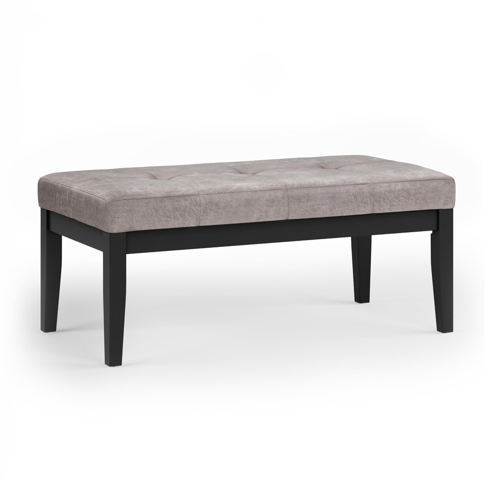 SIMPLIHOME Lacey Tufted Ottoman Bench - 41 inch Wide Upholstered Vegan Leather Rectangle Ottoman in Distressed Grey Taupe, Contemporary Bench for Bedroom or Entryway with Stitching Detail, Assembled
