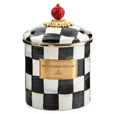 MACKENZIE-CHILDS Small Enamel Canister, Kitchen Storage Container for Flour and Sugar, 1.13 Liters, Black-and-White Courtly Check
