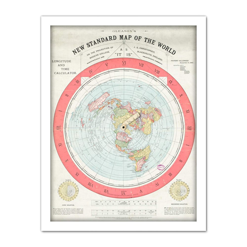 Artery8 Map Gleason 1892 World Time Calculator Flat Earth Artwork Framed Wall Art Print 18X24 Inch