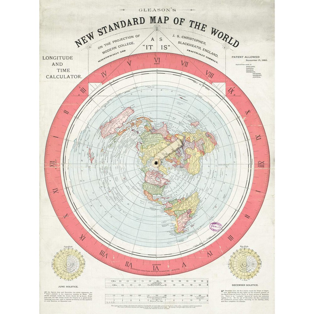 Artery8 Map Gleason 1892 World Time Calculator Flat Earth Extra Large XL Wall Art Poster Print