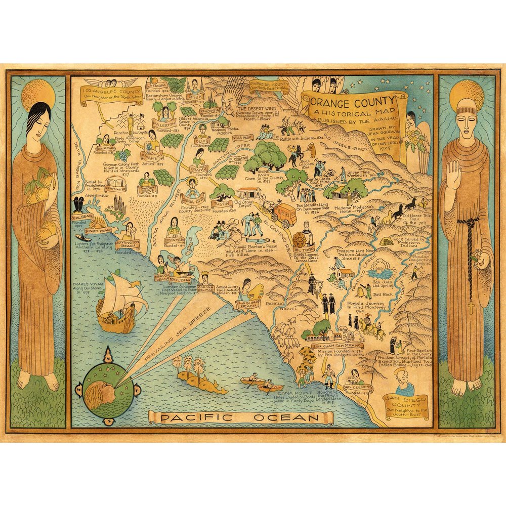 Artery8 Map Ames 1929 Historic Orange County California Pictorial Large XL Wall Art Canvas Print