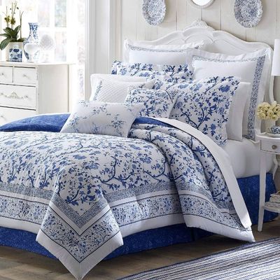 HNU 4 Piece French Country Comforter Set Full, Farmhouse Shabby Chic Nautical Floral Porcelain Style Reversible Beautiful Decorative Soft Cozy Comfy Cotton