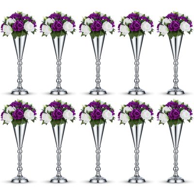 10 Pcs Tabletop Silver Metal Wedding Flower Trumpet Vase, 16.5 inch Table Decorative Centerpiece Artificial Flower Arrangements for Anniversary Ceremony Party Birthday Event Home Decoration (Silver)