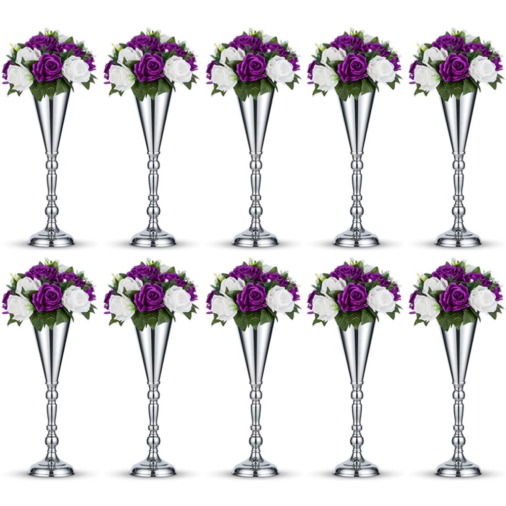 10 Pcs Tabletop Silver Metal Wedding Flower Trumpet Vase, 16.5 inch Table Decorative Centerpiece Artificial Flower Arrangements for Anniversary Ceremony Party Birthday Event Home Decoration (Silver)