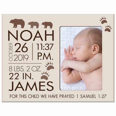 LifeSong Milestones Personalized Baby Birth Arrival Announcement - Newborn Stats Bear Nursery Picture Frame Decor for Boys and Girls 8 x 10 Frame Holds 4 x 6 Photo (Ivory)