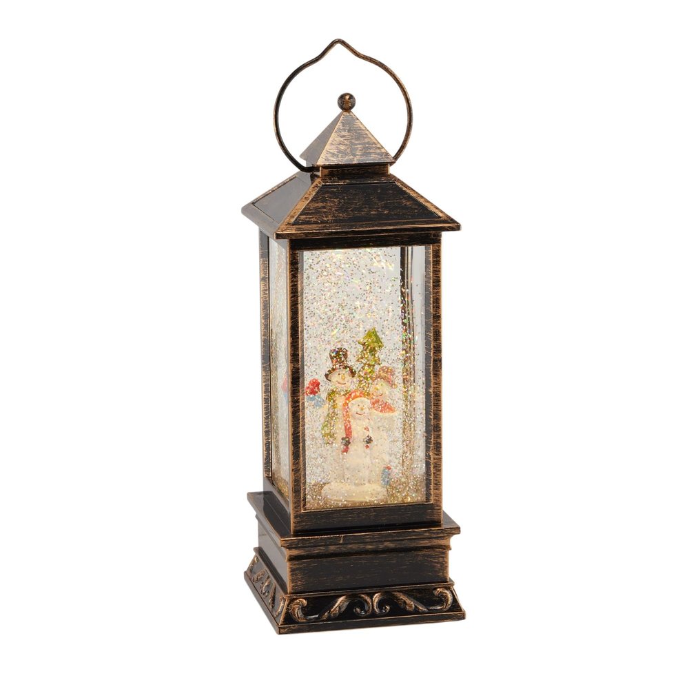 Alpine Corporation 11" H Indoor Lantern Snowman Snow Globe Holiday Decoration with LED Light, Bronze, Christmas Decoration