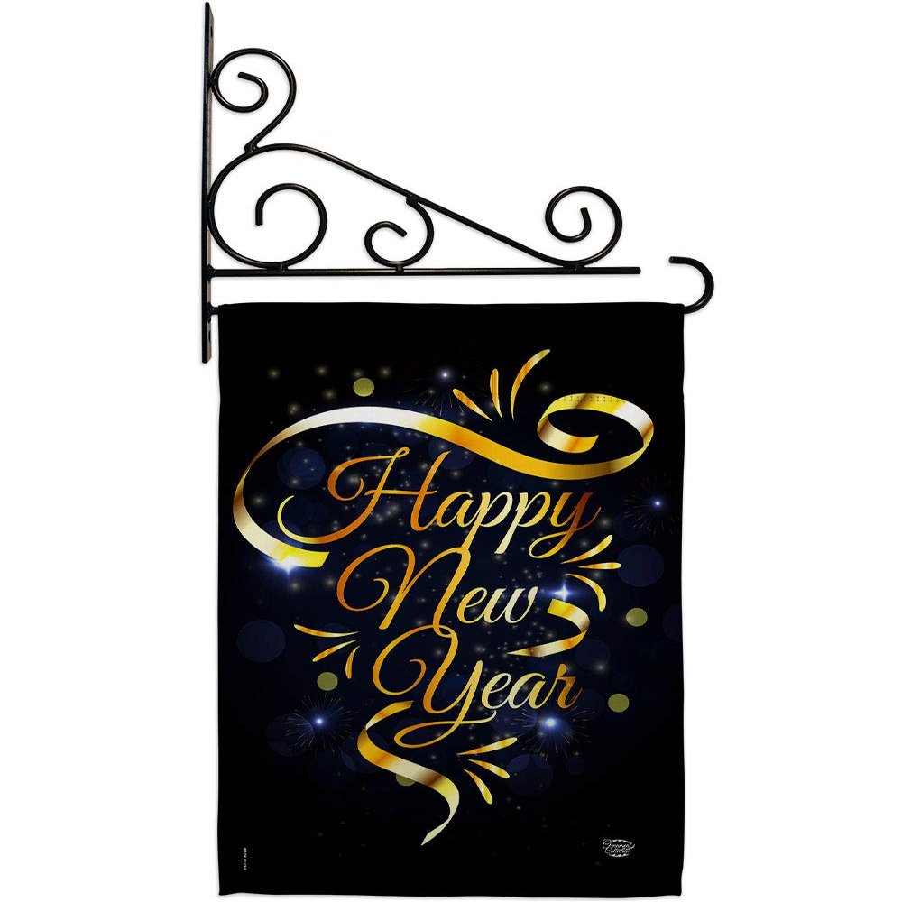 Gold Happy New Year Garden Flag Set Wall Holder Clock Countdown Champagne Party Fireworks Celebrate Small Decorative Gift Yard House Banner Double-Sided Made In USA 13 X 18.5