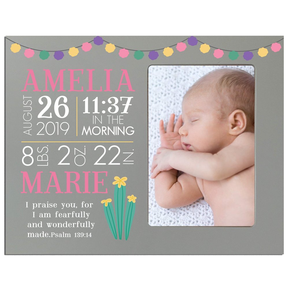 LifeSong Milestones Personalized Baby Birth Arrival Announcement - Newborn Stats Cactus Nursery Picture Frame Decor for Boys and Girls 8 x 10 Frame Holds 4 x 6 Photo (Grey)