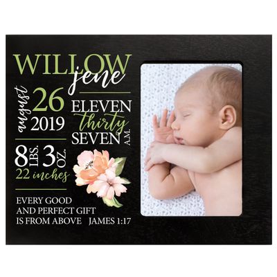 LifeSong Milestones Personalized Baby Birth Arrival Announcement - Newborn Stats Pink Flower Nursery Picture Frame Decor for Boys and Girls 8 x 10 Frame Holds 4 x 6 Photo (Black)