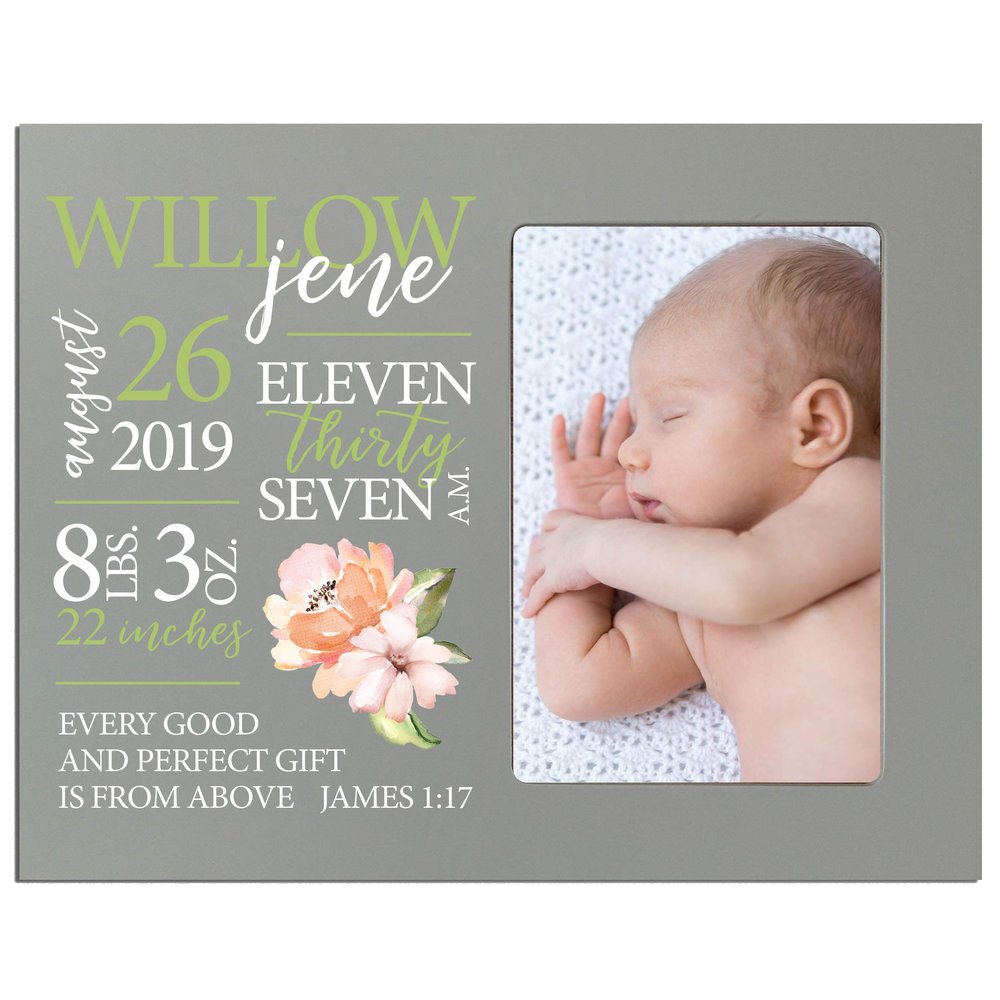 LifeSong Milestones Personalized Baby Birth Arrival Announcement - Newborn Stats Pink Flower Nursery Picture Frame Decor for Boys and Girls 8 x 10 Frame Holds 4 x 6 Photo (Grey)