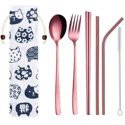 Frolahouse Portable 5 Pieces Flatware Set, Reusable 304 Stainless Steel Fork Spoon, Chopsticks, Juice Straw, Smoothie Straw and Cleaning Brush, Durable Travel Cutlery Set