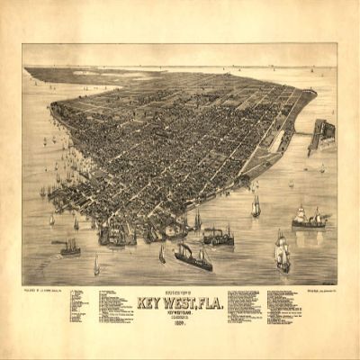 Bird's Eye View of Key West Island Florida 1884 Ships USA Map Tourism Travel 20" X 30" Image Size Vintage Poster Repro Matte Paper